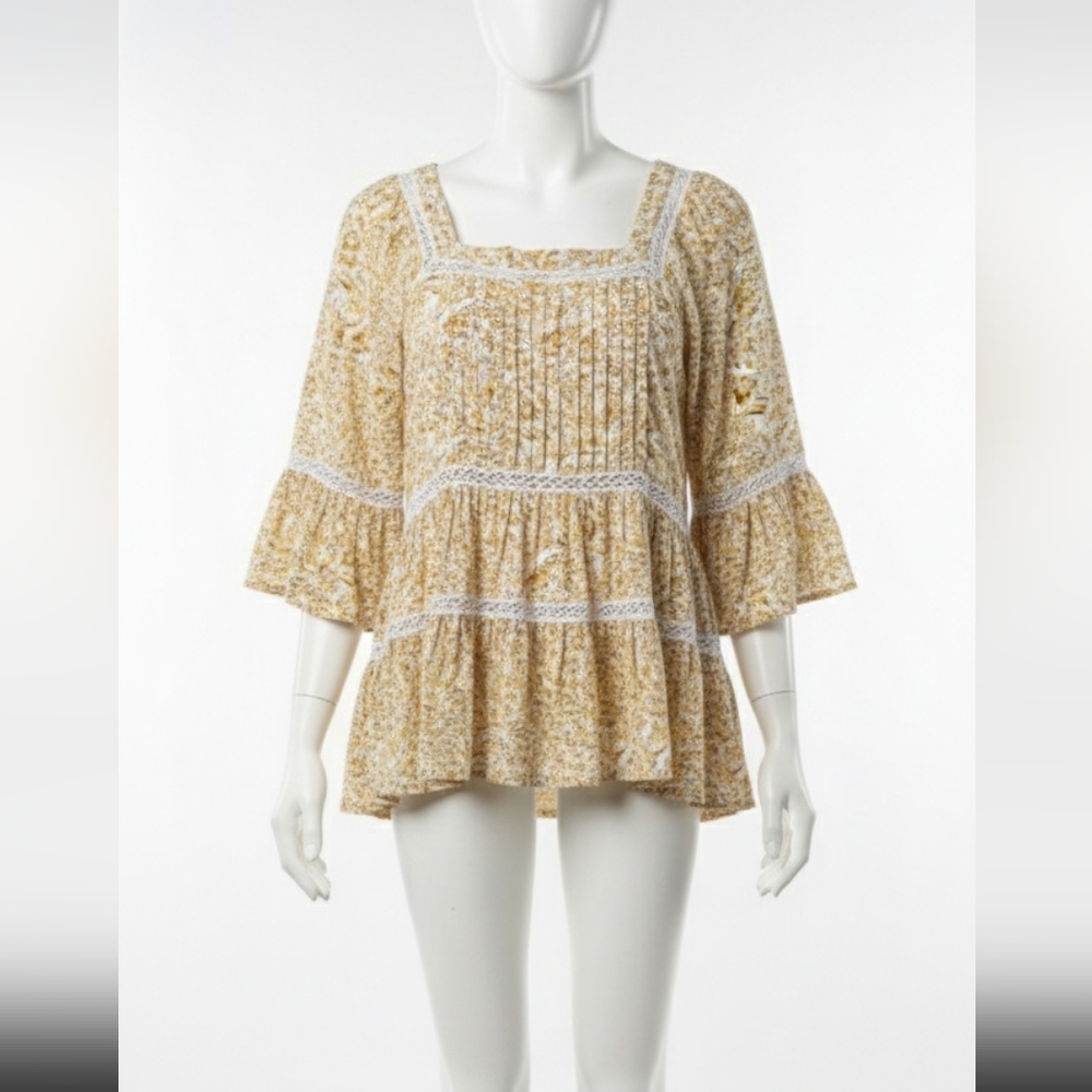 Free People Mustard Floral Lace Blouse
